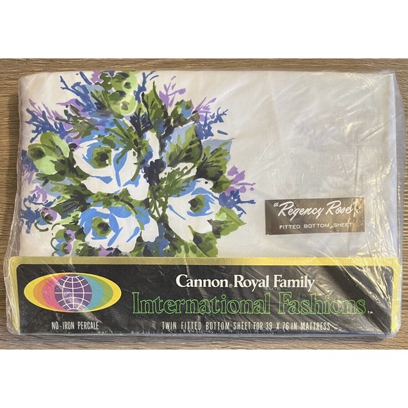 Royal Family Cannon Vtg Floral Twin Fitted Sheet Regency Rose Blue Purple NOS - Picture 1 of 4